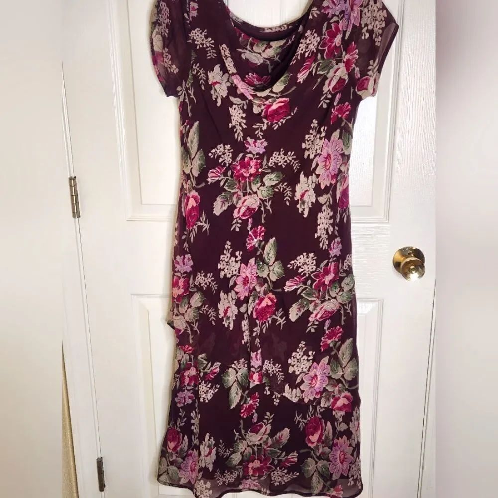 Vtg Connected LP Plum Floral Print Sleevless CowlNeck Beaded Lined Women Dress